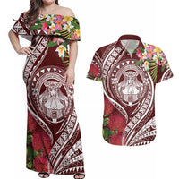 Aloha Hawaii Big Island Couples Matching Off Shoulder Maxi Dress and Hawaiian Shirt Ohia Lehua Wahine
