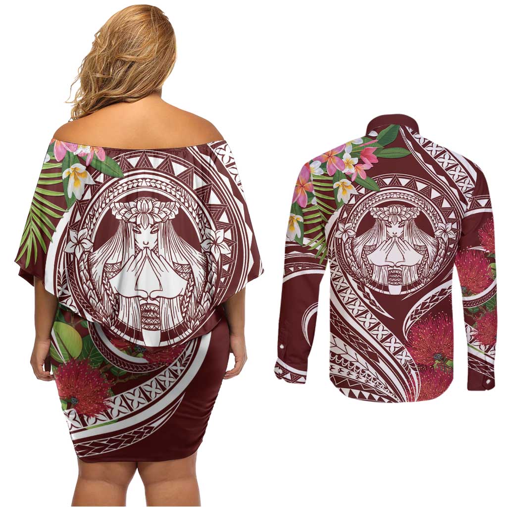 Aloha Hawaii Big Island Couples Matching Off Shoulder Short Dress and Long Sleeve Button Shirt Ohia Lehua Wahine