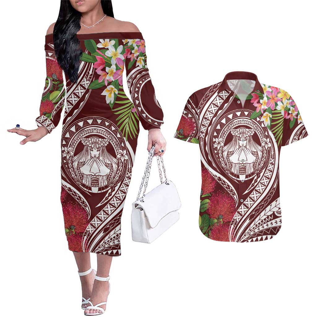 Aloha Hawaii Big Island Couples Matching Off The Shoulder Long Sleeve Dress and Hawaiian Shirt Ohia Lehua Wahine