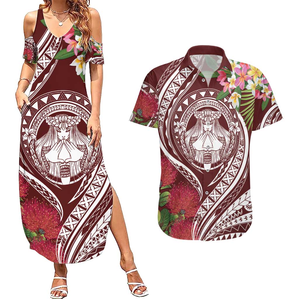 Aloha Hawaii Big Island Couples Matching Summer Maxi Dress and Hawaiian Shirt Ohia Lehua Wahine