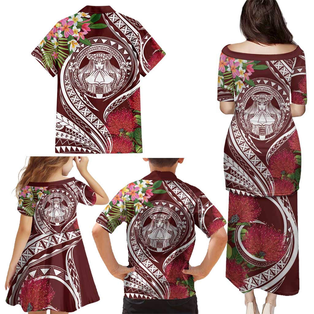 Aloha Hawaii Big Island Family Matching Puletasi and Hawaiian Shirt Ohia Lehua Wahine