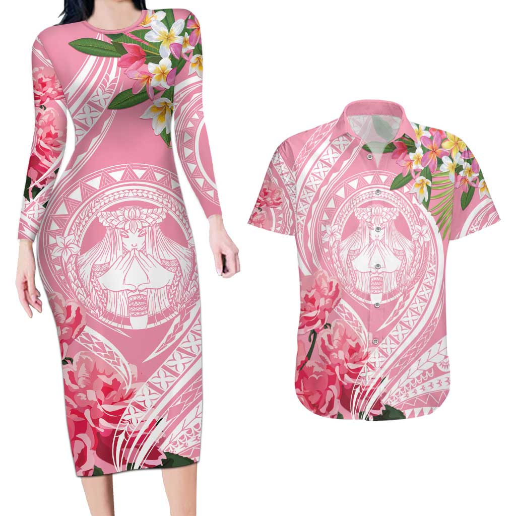 Aloha Hawaii Maui Couples Matching Long Sleeve Bodycon Dress and Hawaiian Shirt Goddess Lokelani Rose