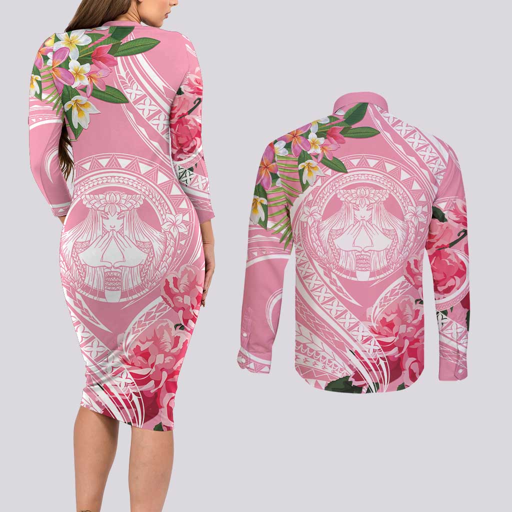 Aloha Hawaii Maui Couples Matching Long Sleeve Bodycon Dress and Long Sleeve Button Shirt Goddess Lokelani Rose