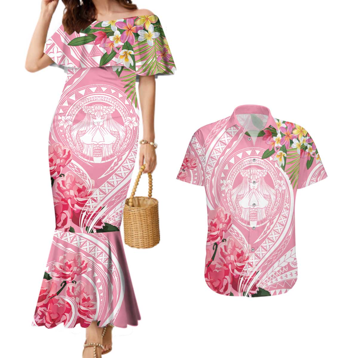 Aloha Hawaii Maui Couples Matching Mermaid Dress and Hawaiian Shirt Goddess Lokelani Rose
