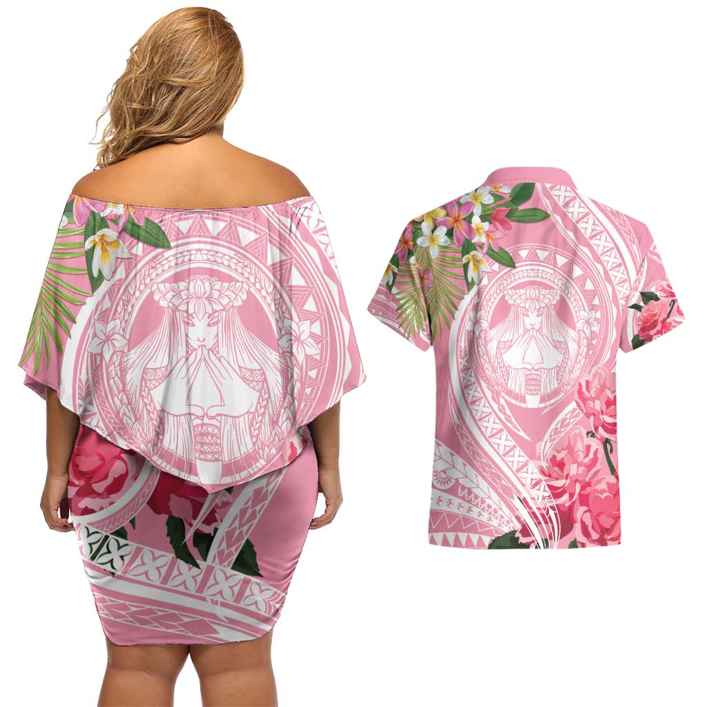 Aloha Hawaii Maui Couples Matching Off Shoulder Short Dress and Hawaiian Shirt Goddess Lokelani Rose