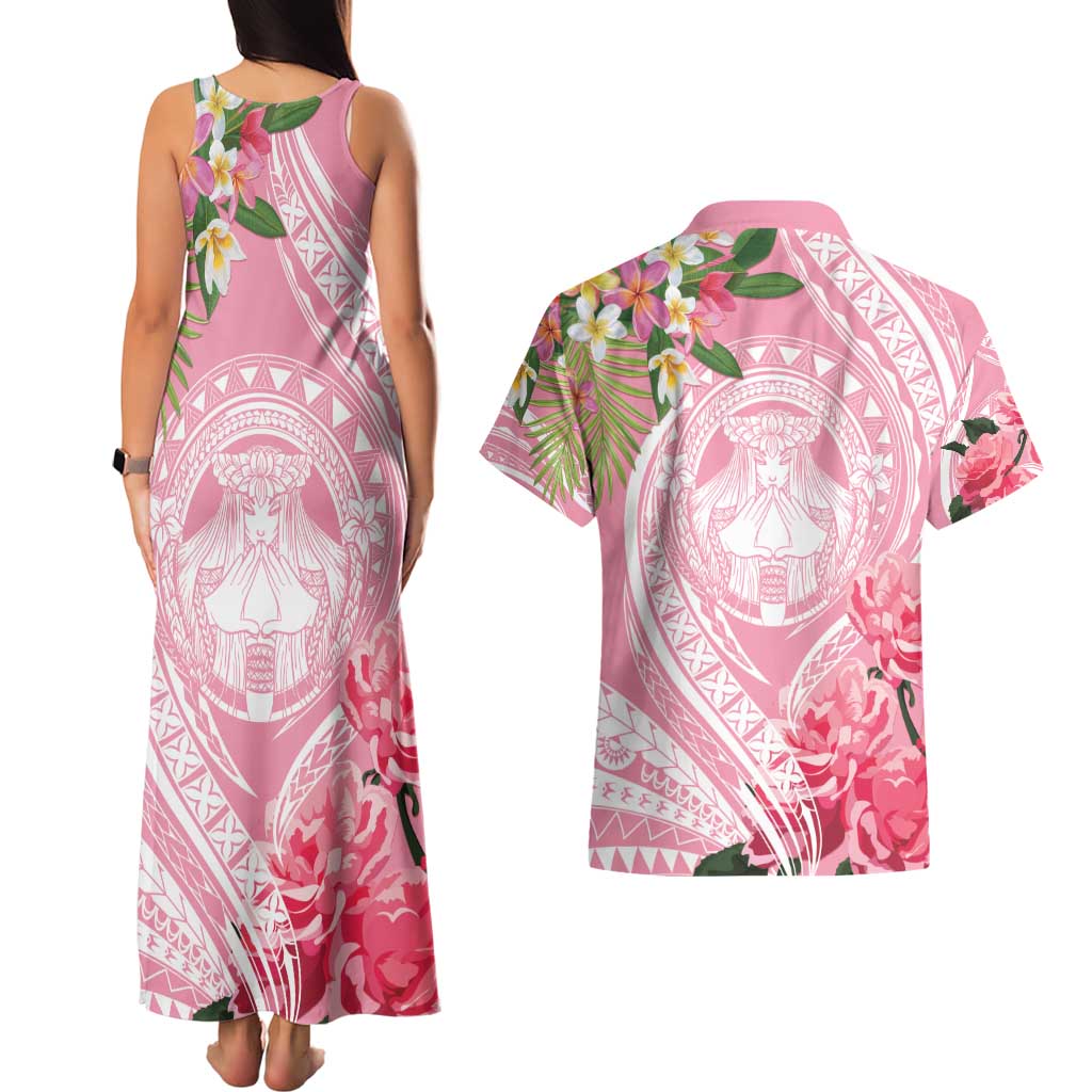 Aloha Hawaii Maui Couples Matching Tank Maxi Dress and Hawaiian Shirt Goddess Lokelani Rose