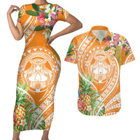 Aloha Hawaii Lanai Couples Matching Short Sleeve Bodycon Dress and Hawaiian Shirt Frangipani Mix Pineapple