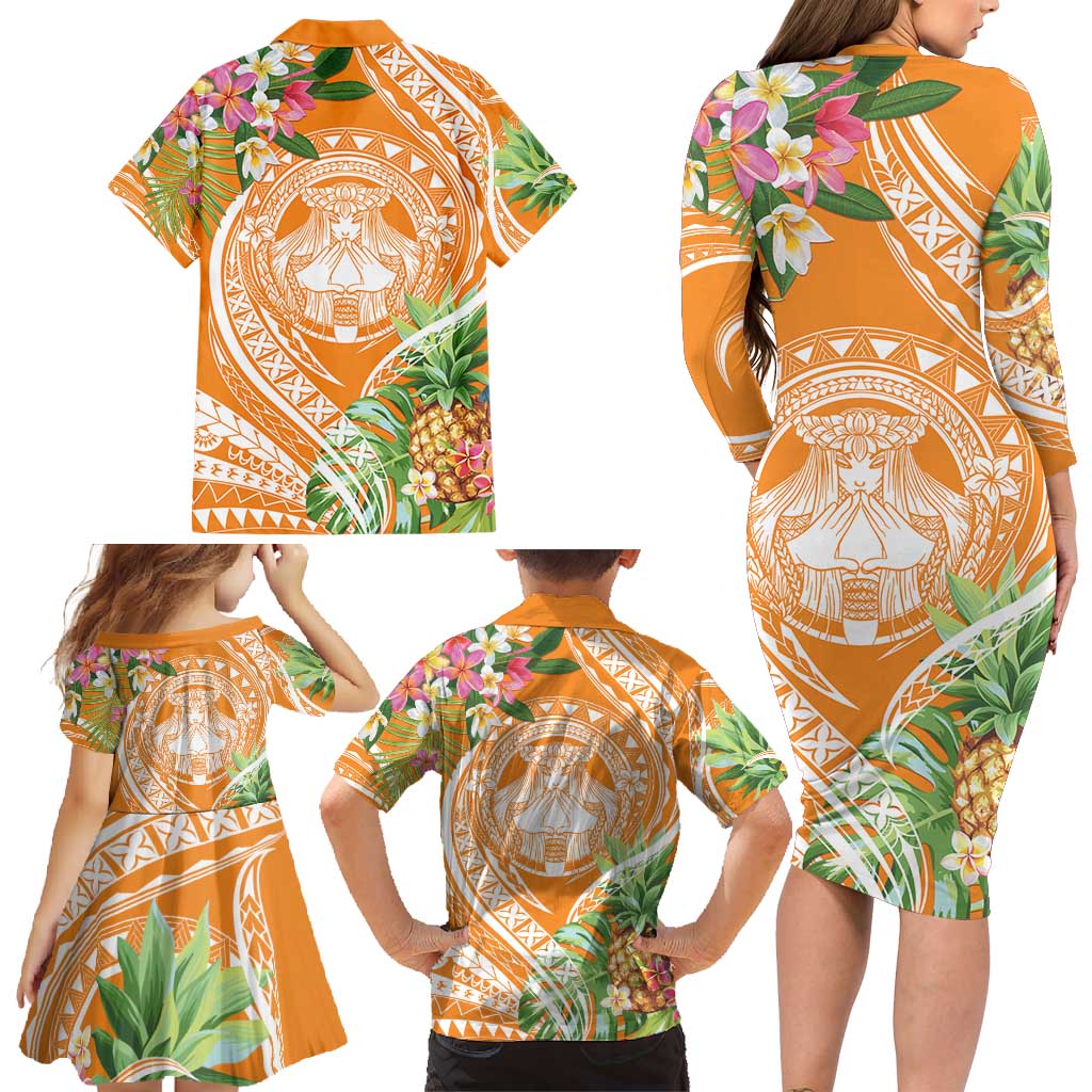 Aloha Hawaii Lanai Family Matching Long Sleeve Bodycon Dress and Hawaiian Shirt Frangipani Mix Pineapple