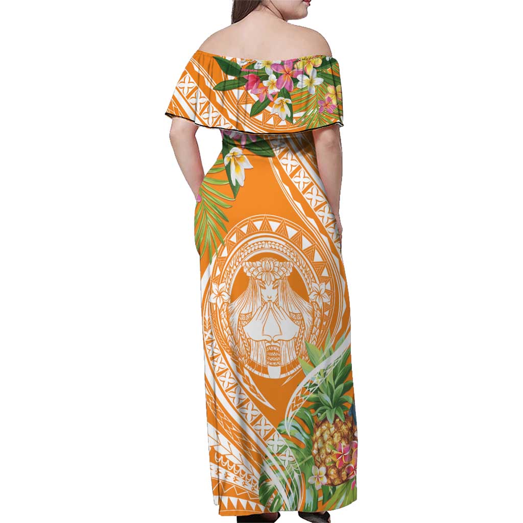 Aloha Hawaii Lanai Family Matching Off Shoulder Maxi Dress and Hawaiian Shirt Frangipani Mix Pineapple