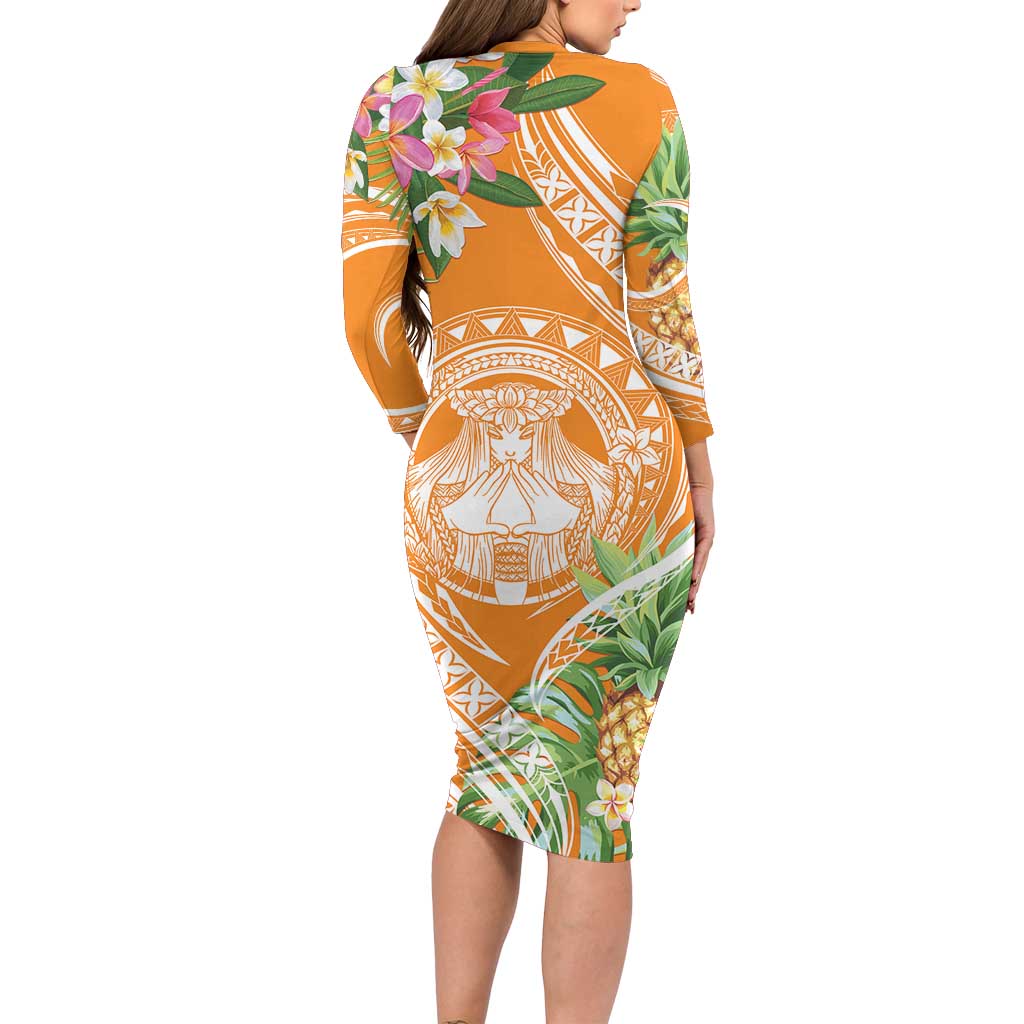 Aloha Hawaii Lanai Long Sleeve Bodycon Dress Frangipani Mix Pineapple