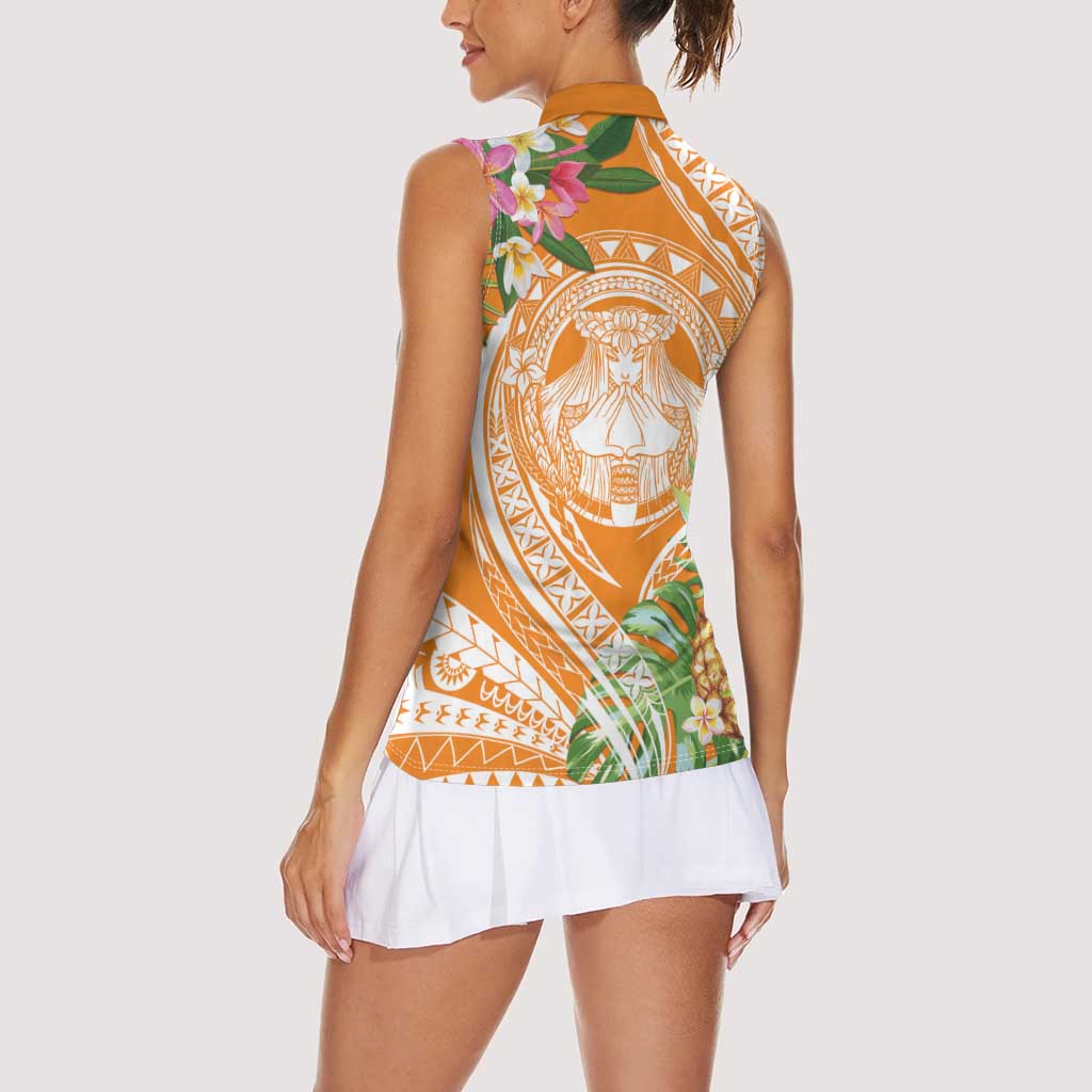 Aloha Hawaii Lanai Women Sleeveless Polo Shirt Frangipani Mix Pineapple