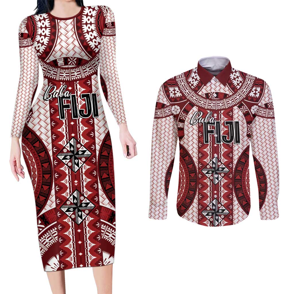 Bula Fiji Vintage Couples Matching Long Sleeve Bodycon Dress and Long Sleeve Button Shirt Scarlet Masi Motifs