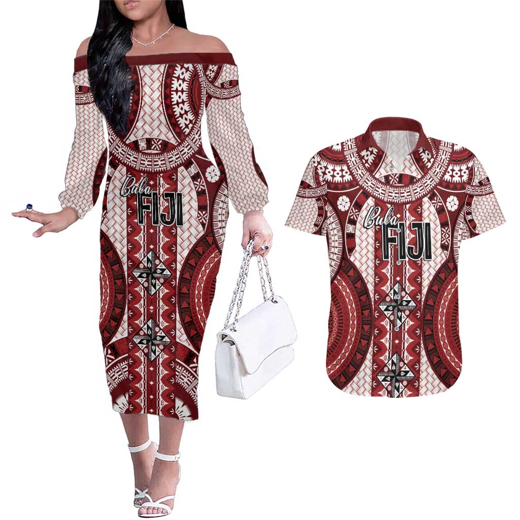 Bula Fiji Vintage Couples Matching Off The Shoulder Long Sleeve Dress and Hawaiian Shirt Scarlet Masi Motifs
