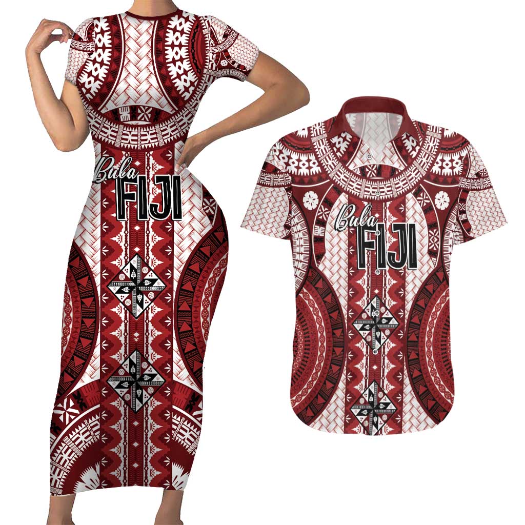 Bula Fiji Vintage Couples Matching Short Sleeve Bodycon Dress and Hawaiian Shirt Scarlet Masi Motifs