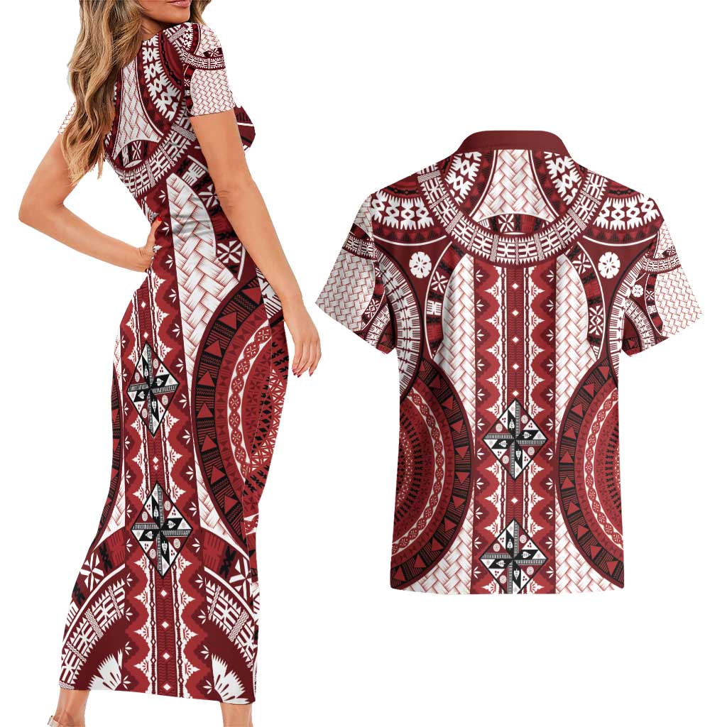 Bula Fiji Vintage Couples Matching Short Sleeve Bodycon Dress and Hawaiian Shirt Scarlet Masi Motifs