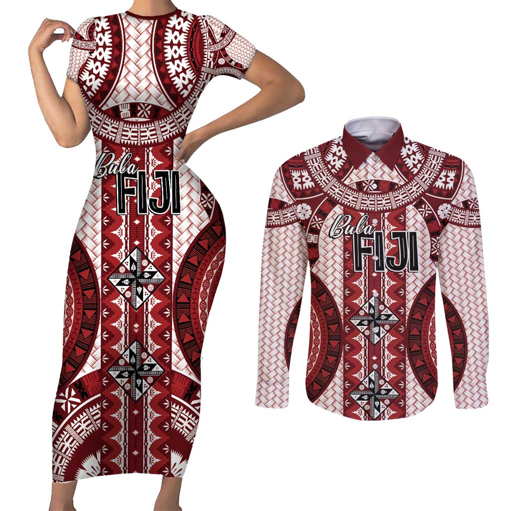 Bula Fiji Vintage Couples Matching Short Sleeve Bodycon Dress and Long Sleeve Button Shirt Scarlet Masi Motifs