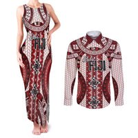 Bula Fiji Vintage Couples Matching Tank Maxi Dress and Long Sleeve Button Shirt Scarlet Masi Motifs