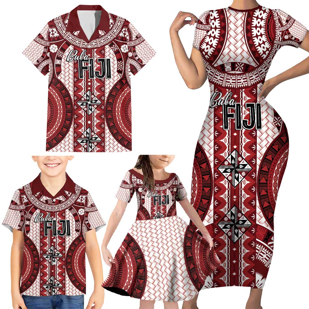 Bula Fiji Vintage Family Matching Short Sleeve Bodycon Dress and Hawaiian Shirt Scarlet Masi Motifs