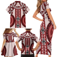 Bula Fiji Vintage Family Matching Short Sleeve Bodycon Dress and Hawaiian Shirt Scarlet Masi Motifs