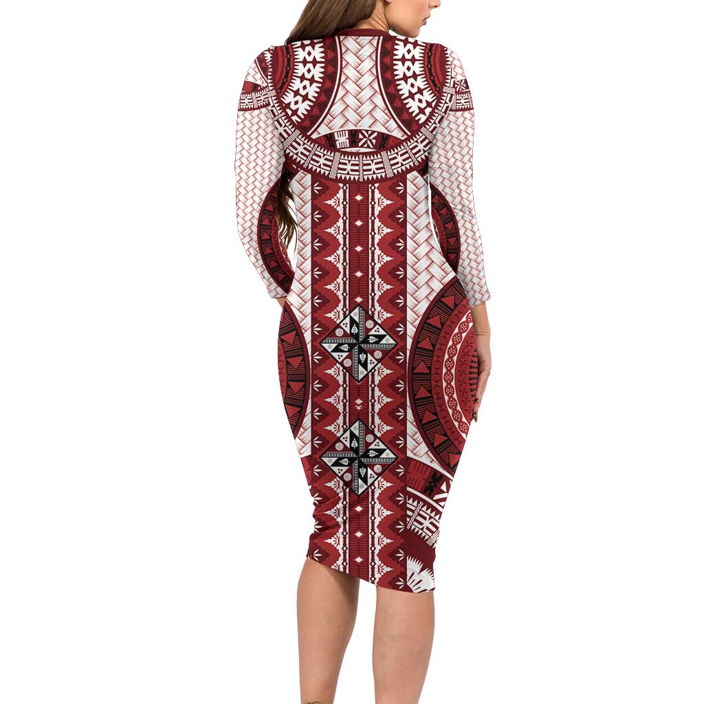 Bula Fiji Vintage Long Sleeve Bodycon Dress Scarlet Masi Motifs