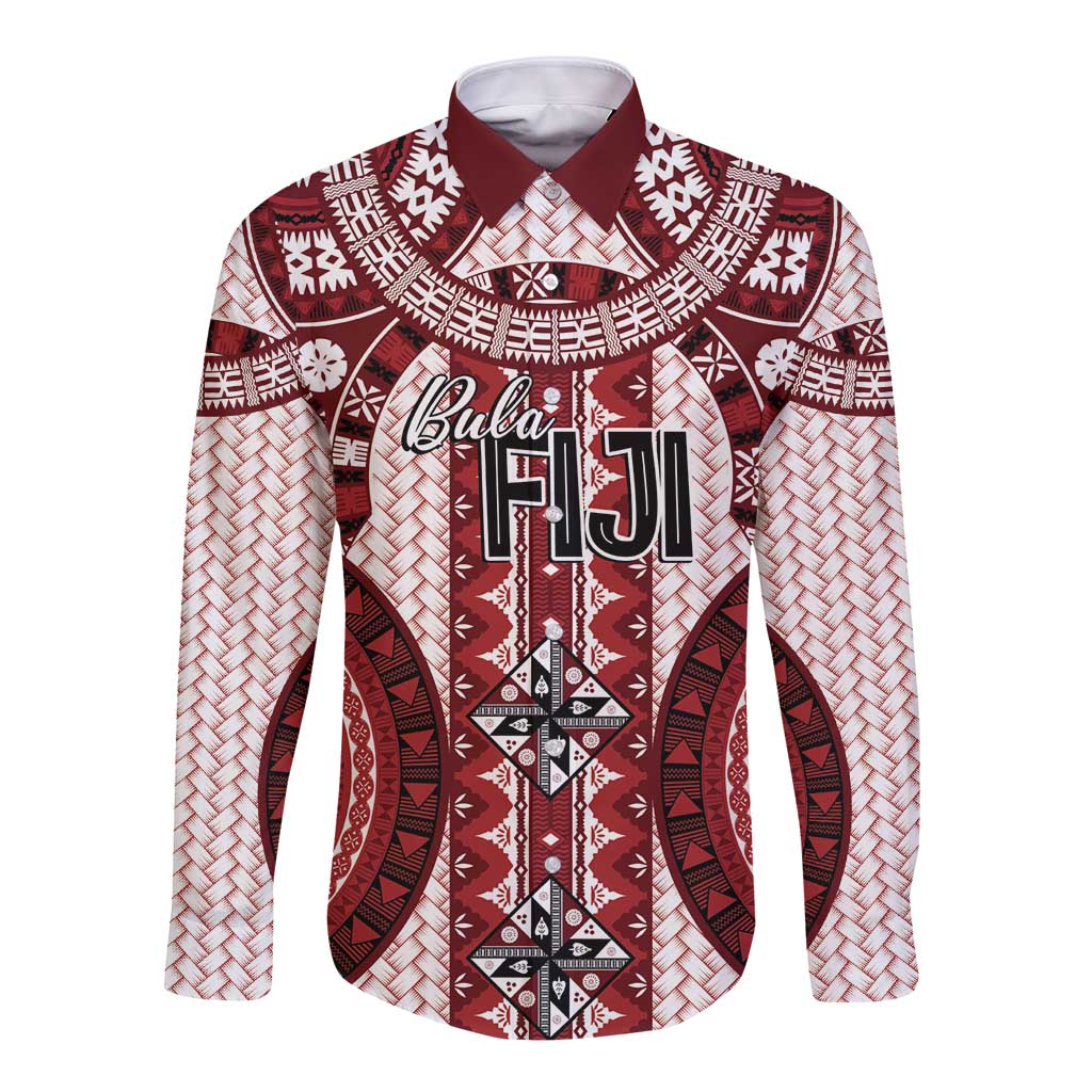 Bula Fiji Vintage Long Sleeve Button Shirt Scarlet Masi Motifs