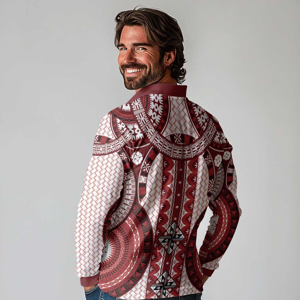 Bula Fiji Vintage Long Sleeve Polo Shirt Scarlet Masi Motifs