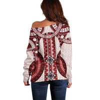 Bula Fiji Vintage Off Shoulder Sweater Scarlet Masi Motifs