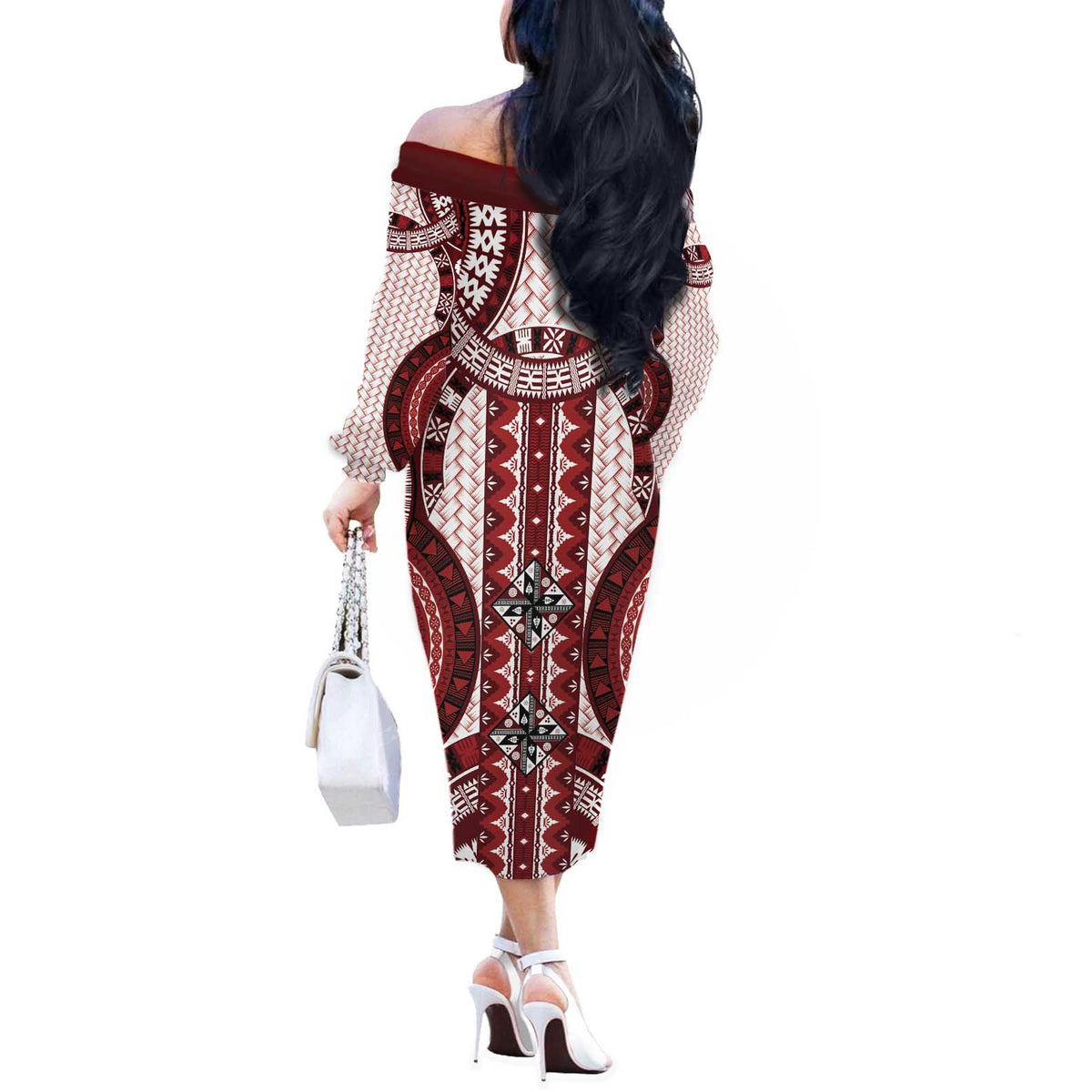 Bula Fiji Vintage Off The Shoulder Long Sleeve Dress Scarlet Masi Motifs