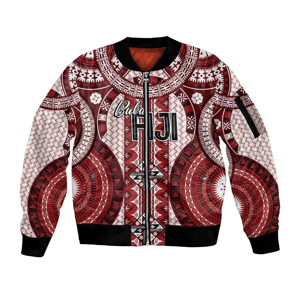 Bula Fiji Vintage Sleeve Zip Bomber Jacket Scarlet Masi Motifs