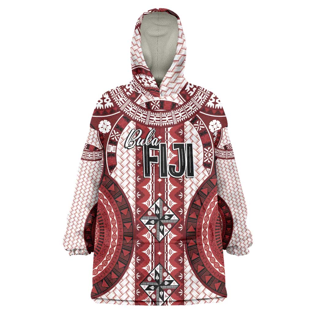 Bula Fiji Vintage Wearable Blanket Hoodie Scarlet Masi Motifs LT7 One Size Scarlet - Polynesian Pride