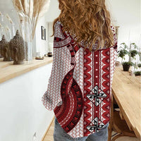 Bula Fiji Vintage Women Casual Shirt Scarlet Masi Motifs