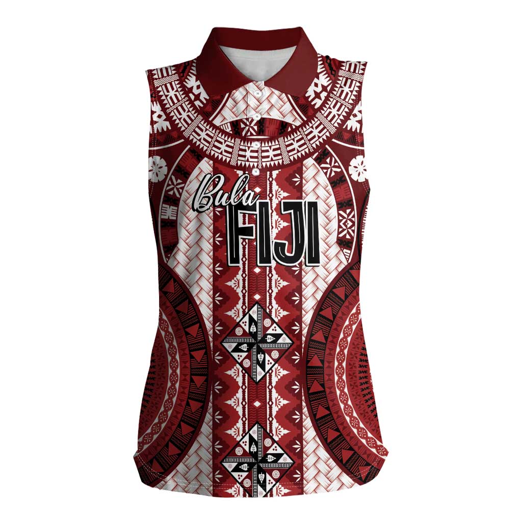 Bula Fiji Vintage Women Sleeveless Polo Shirt Scarlet Masi Motifs