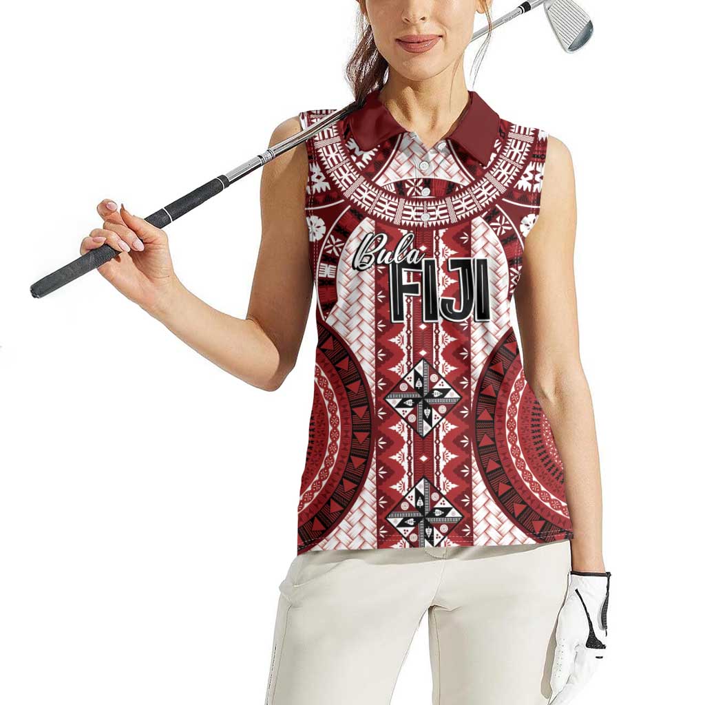 Bula Fiji Vintage Women Sleeveless Polo Shirt Scarlet Masi Motifs