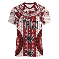 Bula Fiji Vintage Women V-Neck T-Shirt Scarlet Masi Motifs