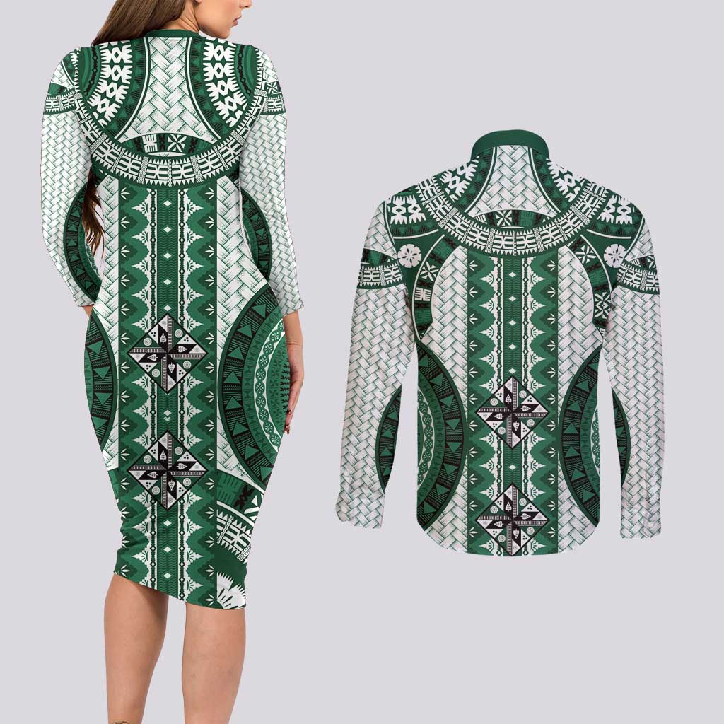Bula Fiji Vintage Couples Matching Long Sleeve Bodycon Dress and Long Sleeve Button Shirt Phthalo Green Masi Motifs