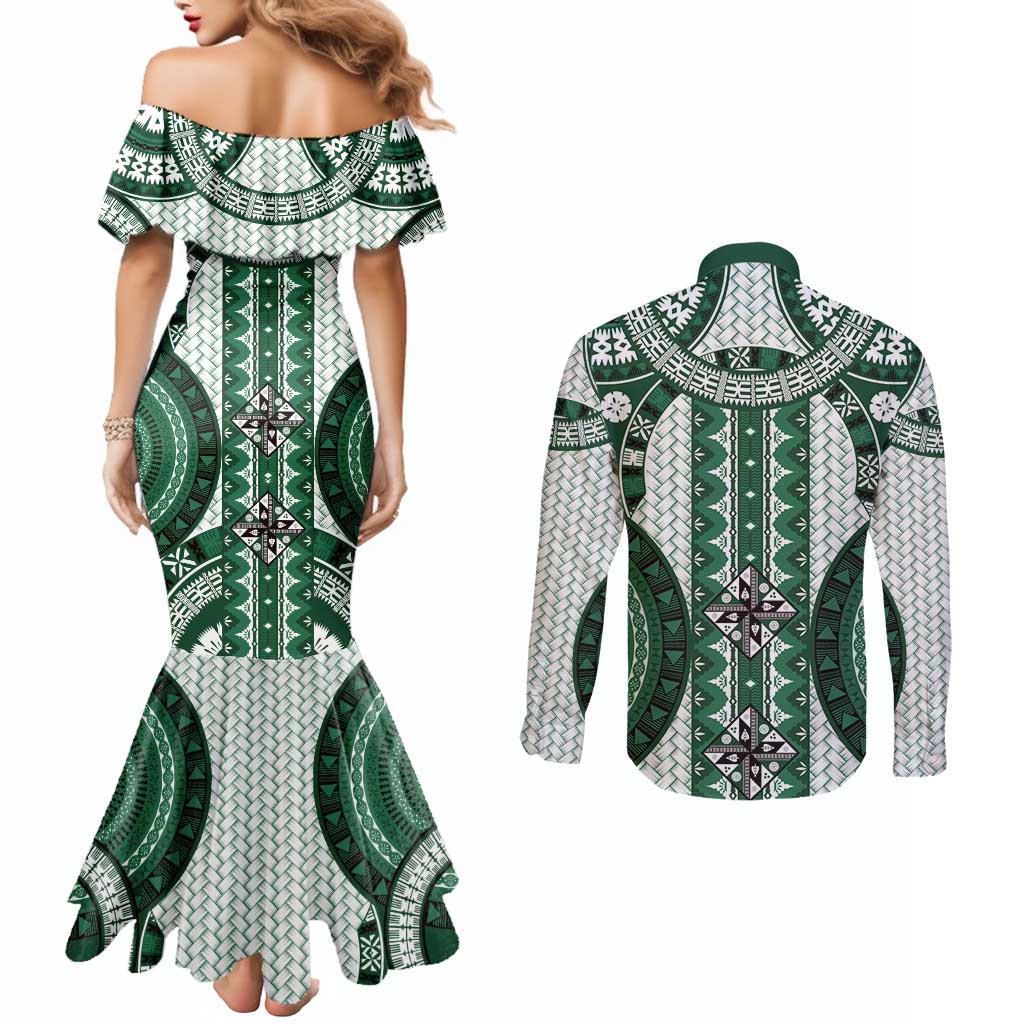 Bula Fiji Vintage Couples Matching Mermaid Dress and Long Sleeve Button Shirt Phthalo Green Masi Motifs