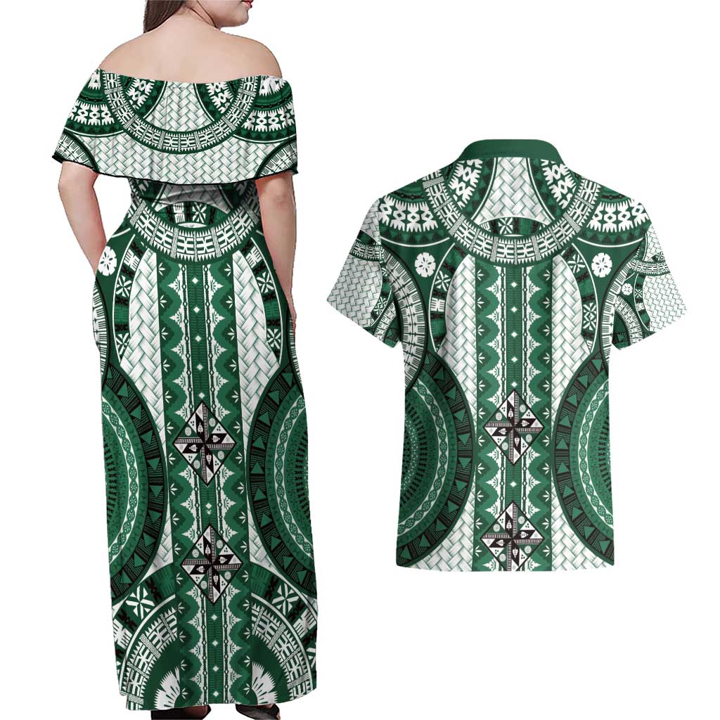 Bula Fiji Vintage Couples Matching Off Shoulder Maxi Dress and Hawaiian Shirt Phthalo Green Masi Motifs