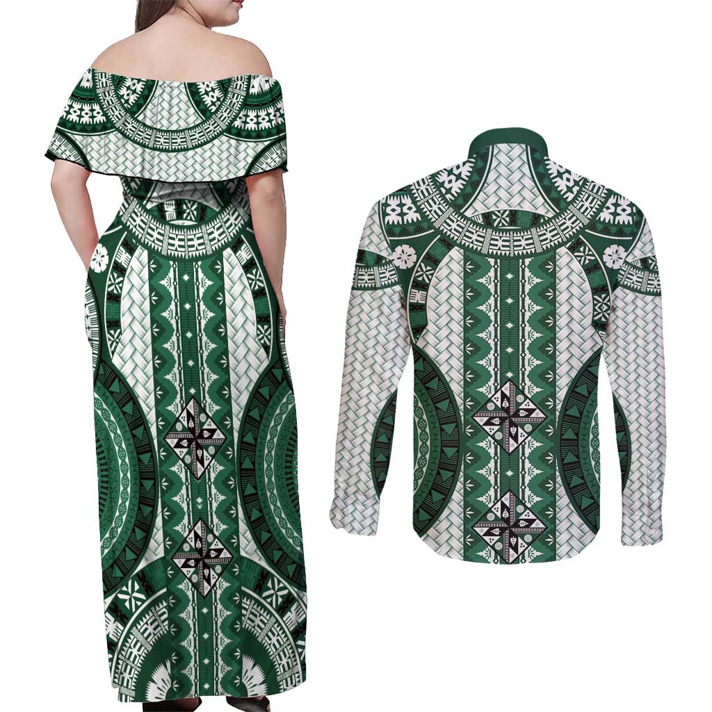 Bula Fiji Vintage Couples Matching Off Shoulder Maxi Dress and Long Sleeve Button Shirt Phthalo Green Masi Motifs