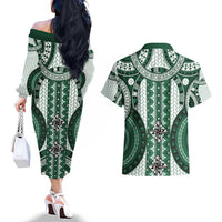 Bula Fiji Vintage Couples Matching Off The Shoulder Long Sleeve Dress and Hawaiian Shirt Phthalo Green Masi Motifs
