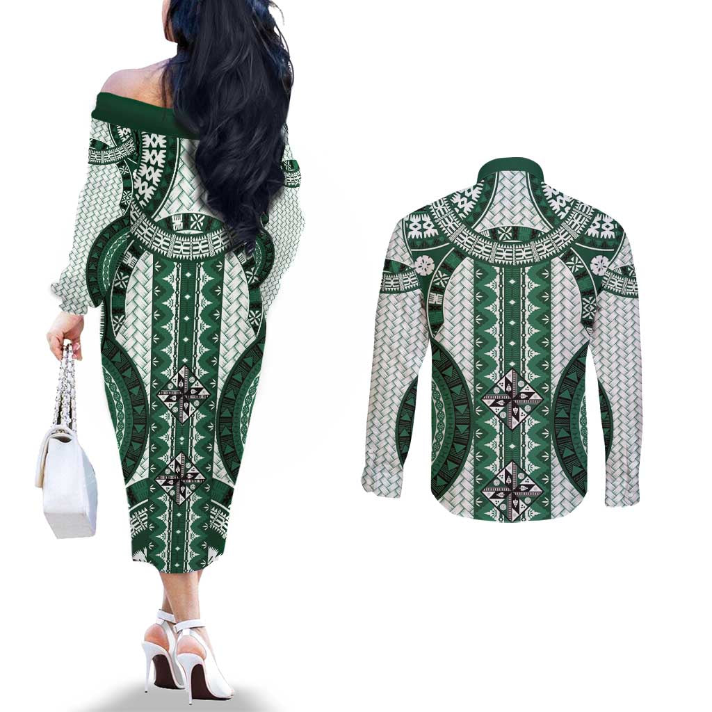 Bula Fiji Vintage Couples Matching Off The Shoulder Long Sleeve Dress and Long Sleeve Button Shirt Phthalo Green Masi Motifs