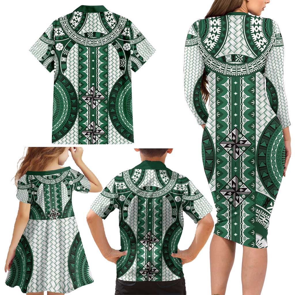 Bula Fiji Vintage Family Matching Long Sleeve Bodycon Dress and Hawaiian Shirt Phthalo Green Masi Motifs