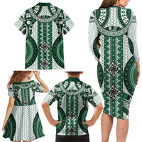 Bula Fiji Vintage Family Matching Long Sleeve Bodycon Dress and Hawaiian Shirt Phthalo Green Masi Motifs
