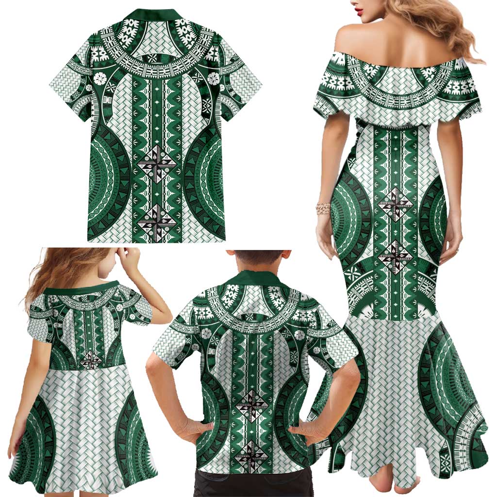 Bula Fiji Vintage Family Matching Mermaid Dress and Hawaiian Shirt Phthalo Green Masi Motifs