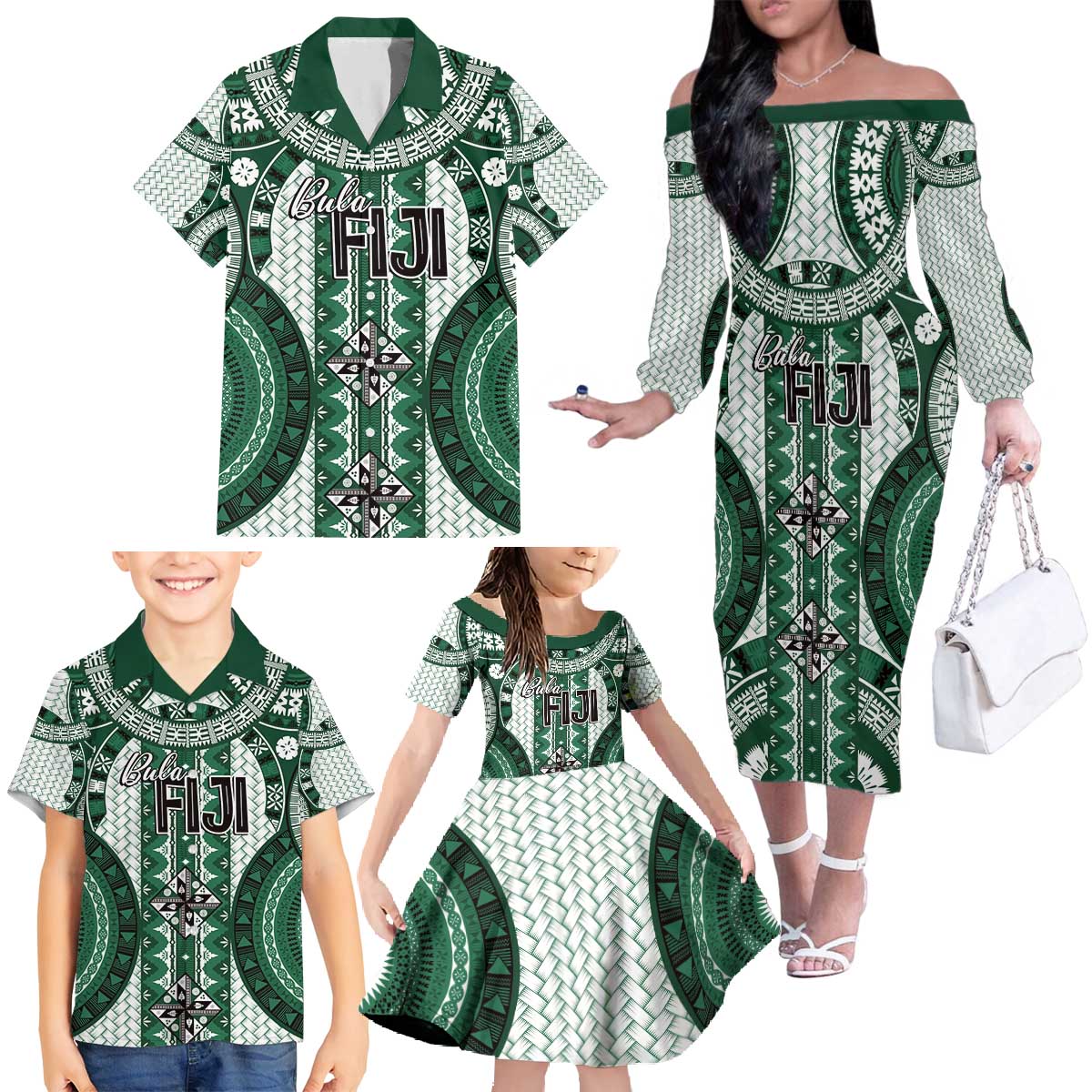 Bula Fiji Vintage Family Matching Off The Shoulder Long Sleeve Dress and Hawaiian Shirt Phthalo Green Masi Motifs