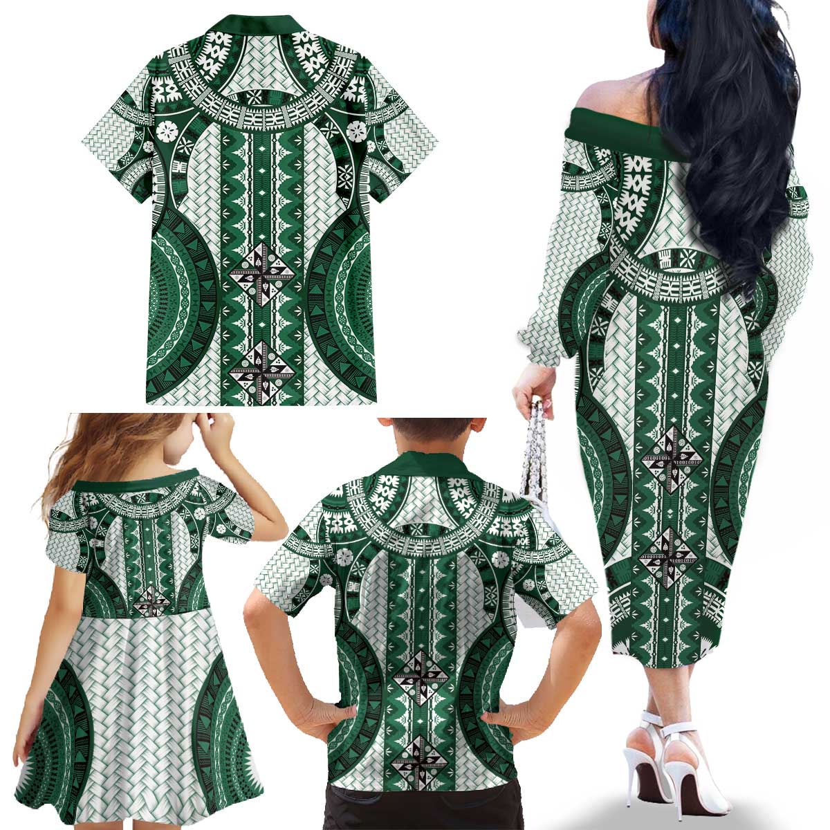 Bula Fiji Vintage Family Matching Off The Shoulder Long Sleeve Dress and Hawaiian Shirt Phthalo Green Masi Motifs