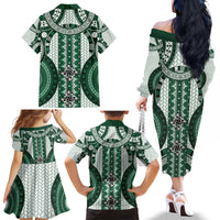 Bula Fiji Vintage Family Matching Off The Shoulder Long Sleeve Dress and Hawaiian Shirt Phthalo Green Masi Motifs