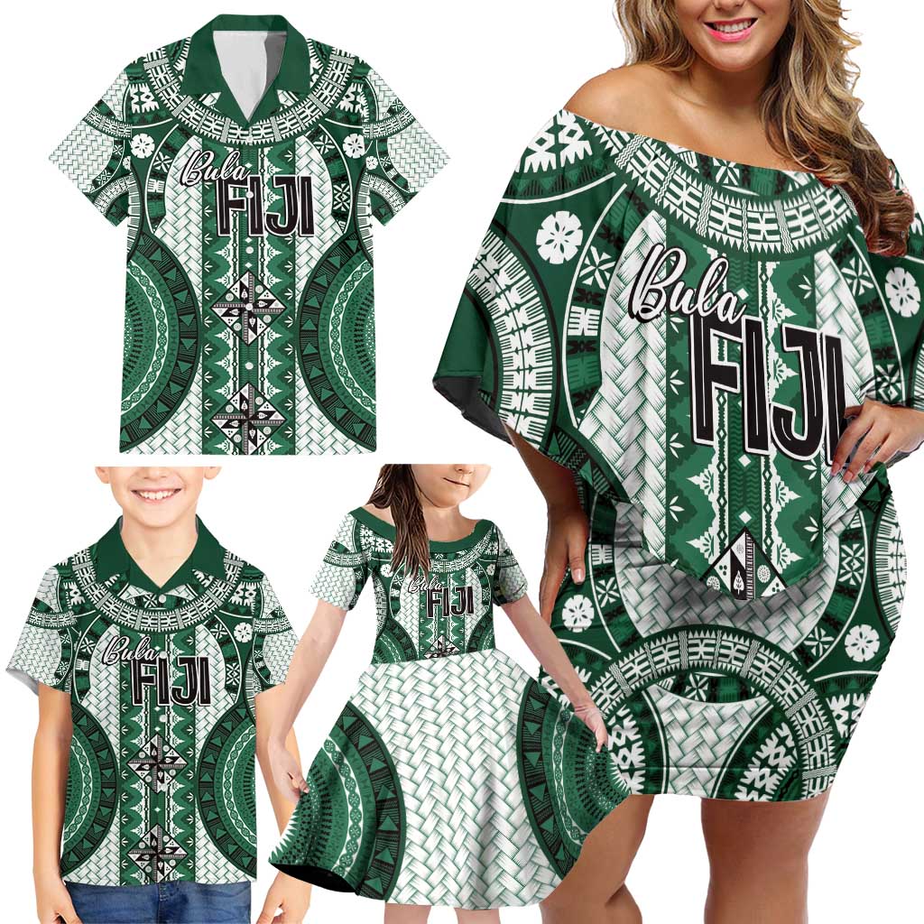 Bula Fiji Vintage Family Matching Off Shoulder Short Dress and Hawaiian Shirt Phthalo Green Masi Motifs