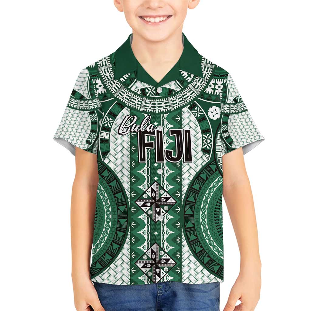 Bula Fiji Vintage Family Matching Off Shoulder Short Dress and Hawaiian Shirt Phthalo Green Masi Motifs