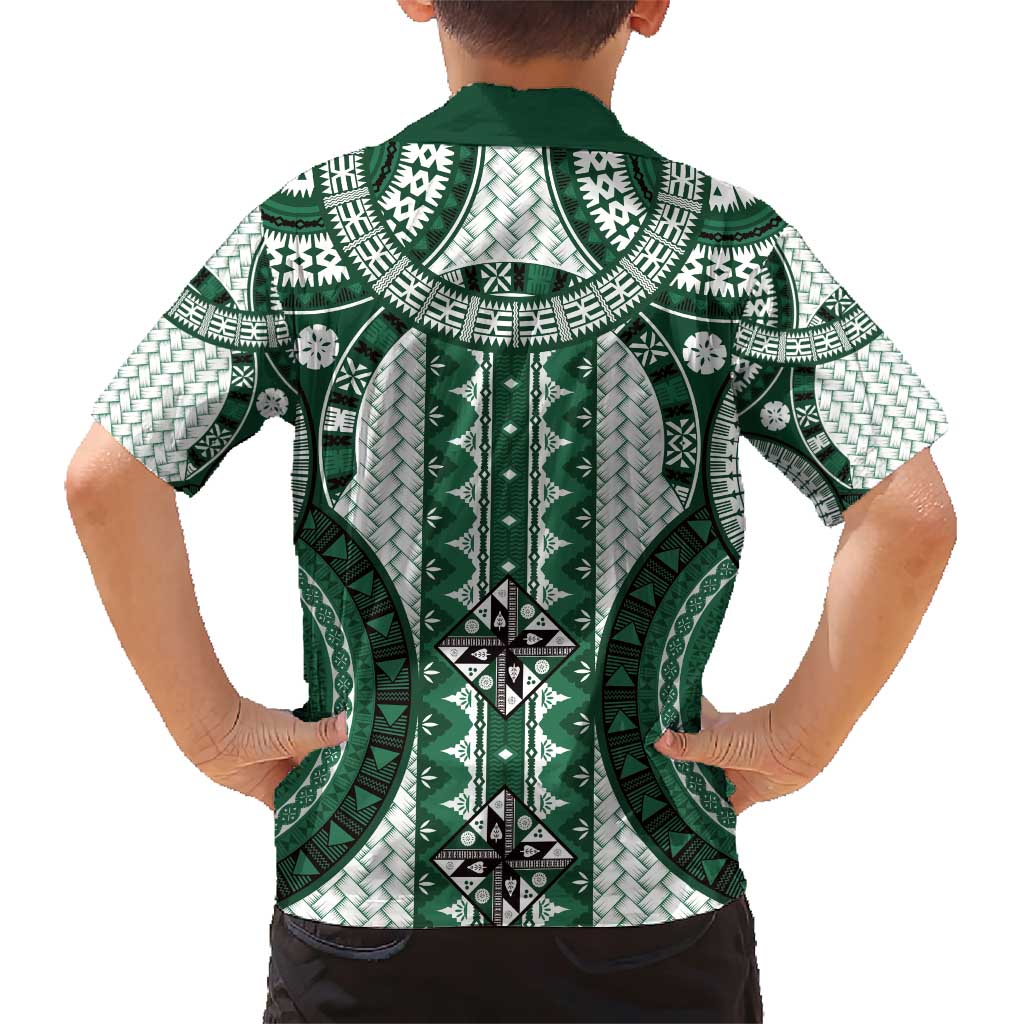 Bula Fiji Vintage Family Matching Short Sleeve Bodycon Dress and Hawaiian Shirt Phthalo Green Masi Motifs