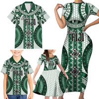 Bula Fiji Vintage Family Matching Short Sleeve Bodycon Dress and Hawaiian Shirt Phthalo Green Masi Motifs